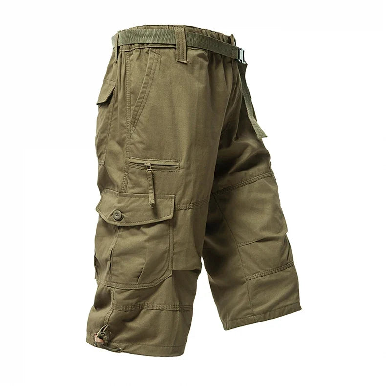 Men's Cargo Shorts 3/4 Casual Running Shorts Below Knee Elastic Waist Hiking Outdoor Jogging Fishing Shorts with a Belt