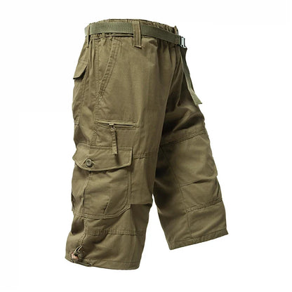 Men's Cargo Shorts 3/4 Casual Running Shorts Below Knee Elastic Waist Hiking Outdoor Jogging Fishing Shorts with a Belt