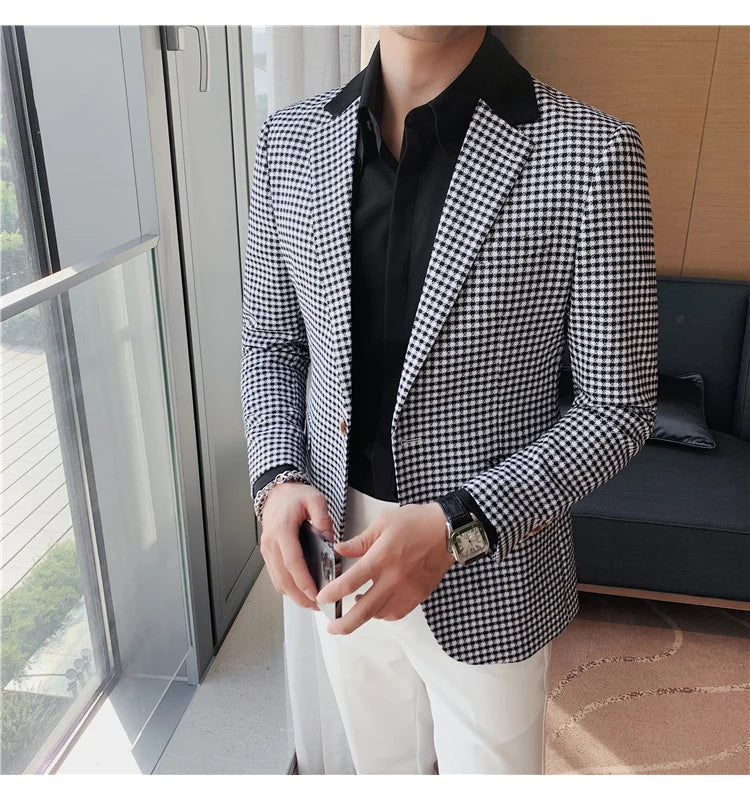 2024 Autumn Winter Korean  Houndstooth Blazer Jackets Fashion Color Matching Lapel Design Casual Men's Plaid Suit Coat Tuxedo