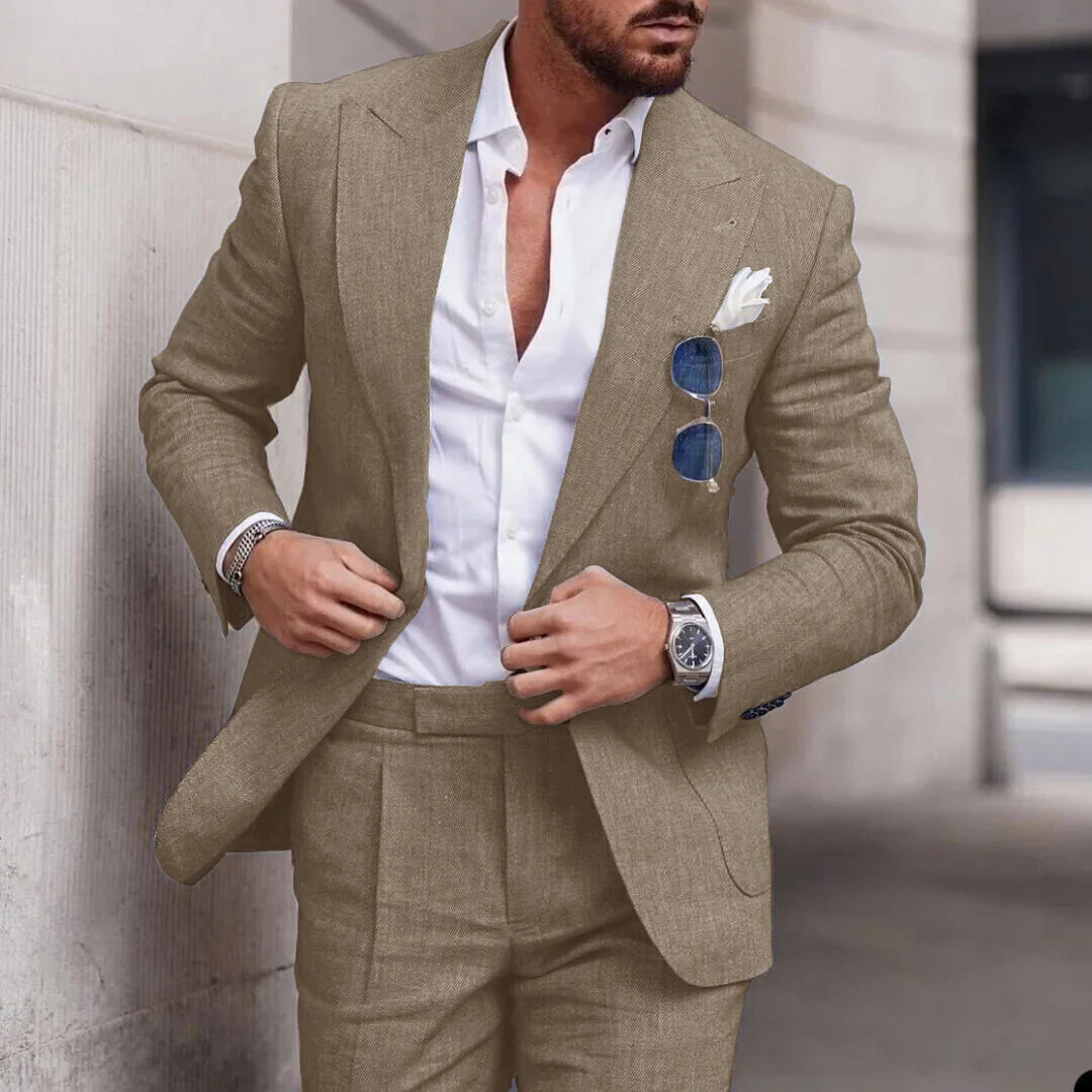 Men's 2 Piece Linen Suit Slim Fit Notch Lapel Casual Blazer Jacket & Trousers Business Wedding Party Formal Dress Set for Men