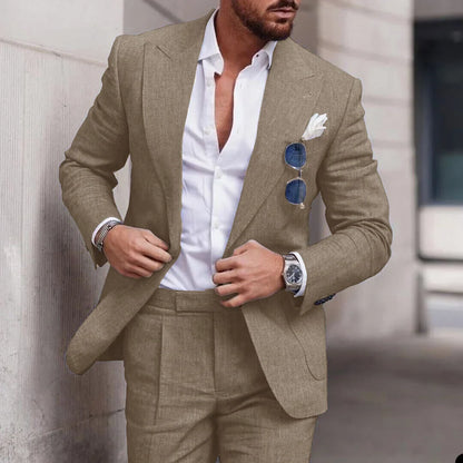 Men's 2 Piece Linen Suit Slim Fit Notch Lapel Casual Blazer Jacket & Trousers Business Wedding Party Formal Dress Set for Men