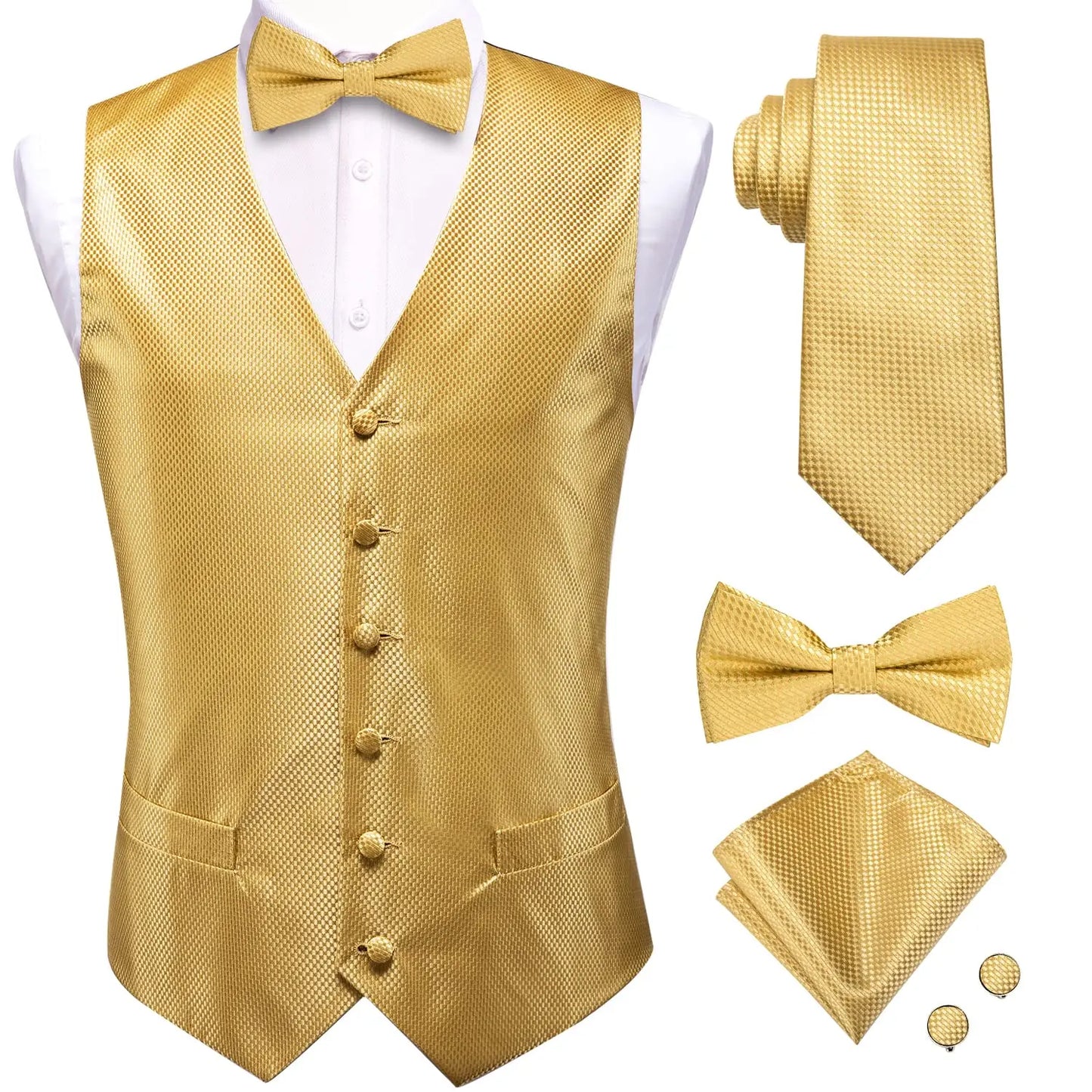 Luxury Silk Mens Vests Rose Gold Pink Striped Waistcoat Necktie Bowtie Hanky Cufflinks Set Waist Jacket For Men Wedding