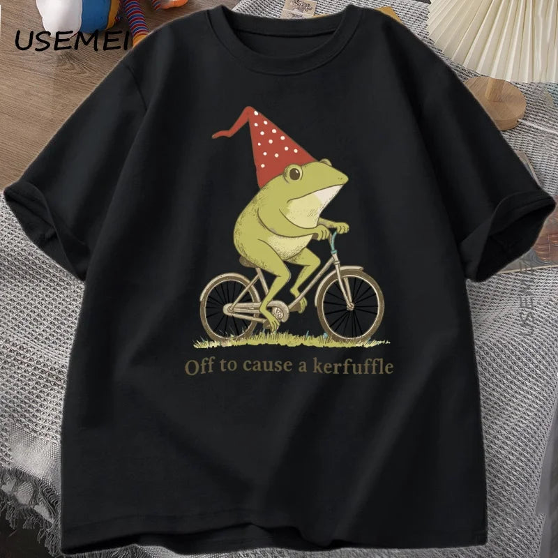 Off To Cause A Kerfuffle Frog T-Shirt Funny Weirdcore Sayings Unique Tshirt Adults Joker Men Women Graphic Tee Male Summer Tops