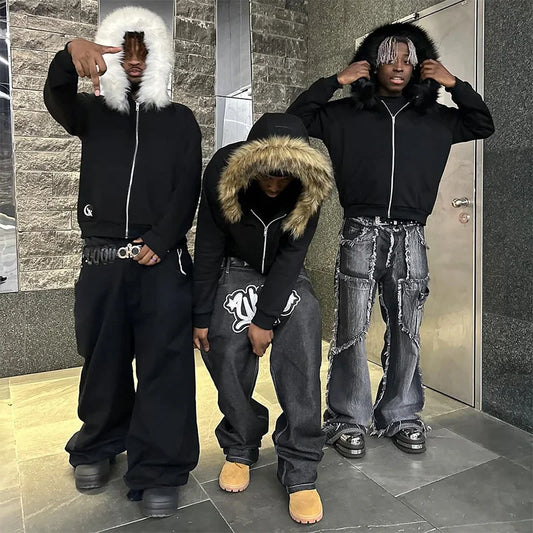 2025 Autumn/Winter New Y2k Sweatshirts Harajuku Artificial Fur Collar Hoodie Clothing Pattern Hip Hop Punk Gothic Zipper Hoodie