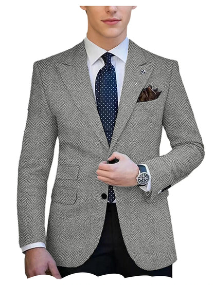 Autumn Winter Men's Herringbone Blazer Tuxedos Only Coat Wool Tweed Single Breasted Formal Bussiness/Wedding Prom Suit Jacket