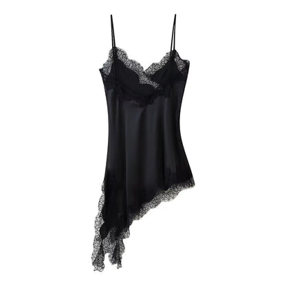 Woman Summer Sexy Sleeveless Backless Chic Beach Party Dress Women's Elegant Asymmetry Lace Decorate Slim Sling Dress