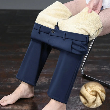 Mid Age Mens Pants Winter Thermal Dress Trousers Thick Warm Business Casual Office Wear Elastic Waistband Plus Size