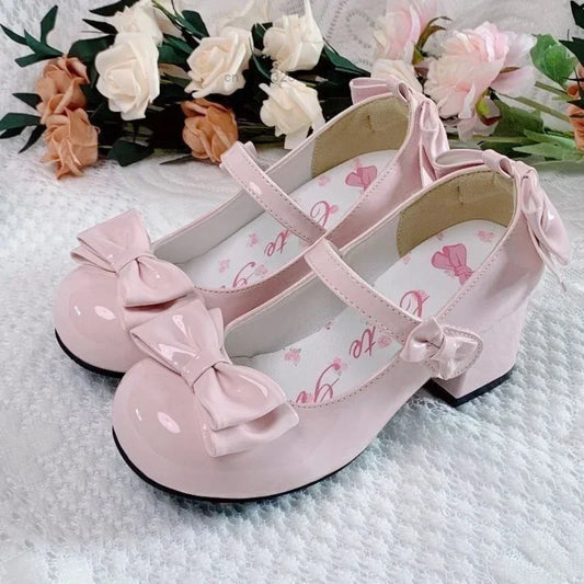 2024 Style Cute Round Head  Jane Pumps With Bow Women's Sweet Party Dress Midi Heels Shoes Fashion PU Sandals