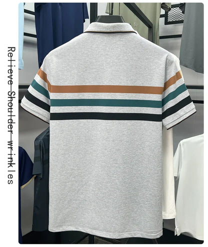 Boutique cotton short sleeve men's polo shirt 2025 summer fashion striped high-end flip collar top casual youth business T-shirt
