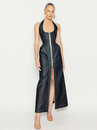 2025 New Women Celebrity Sexy Backless Halter Blue Zipper Denim Maxi Long Gowns Dress Elegant Evening Party Club Vestido