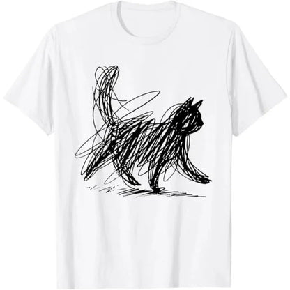Trendy Streetwear Minimalist Cat Art T Shirt Women's Men Cotton Tee Casual Summer Oversized Humor Short Sleeve Cats Lovers Gifts