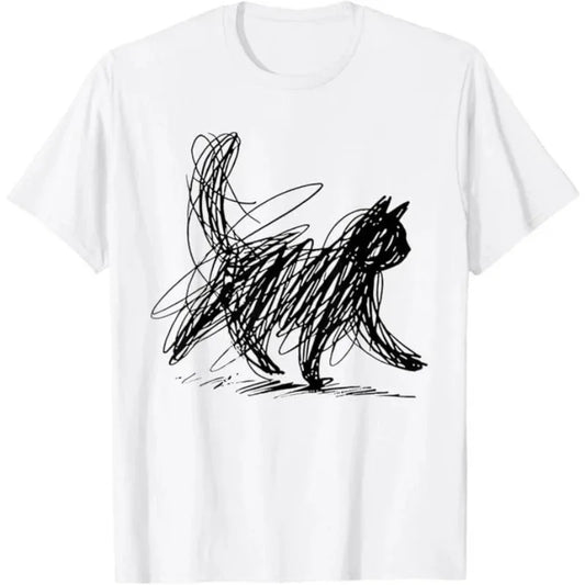 Trendy Streetwear Minimalist Cat Art T Shirt Women's Men Cotton Tee Casual Summer Oversized Humor Short Sleeve Cats Lovers Gifts