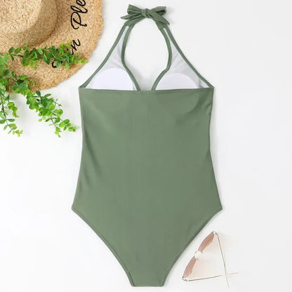S - XXL Wrinkled Halter V Neck One Piece Swimsuit Women Swimwear Female Monokini Backless Bathing Suit Swim Beachwear Bodysuit