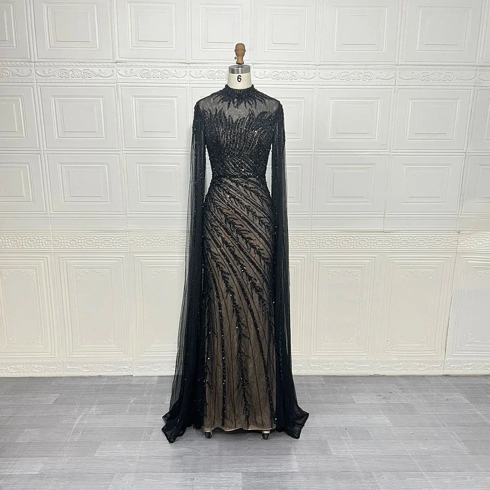 Luxury Saudi Arabia Mermaid Beaded Cape Sleeves High-Neck Evening Dresses 2025 Dubai Party Gowns for Women Wedding Customized