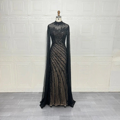 Luxury Saudi Arabia Mermaid Beaded Cape Sleeves High-Neck Evening Dresses 2025 Dubai Party Gowns for Women Wedding Customized