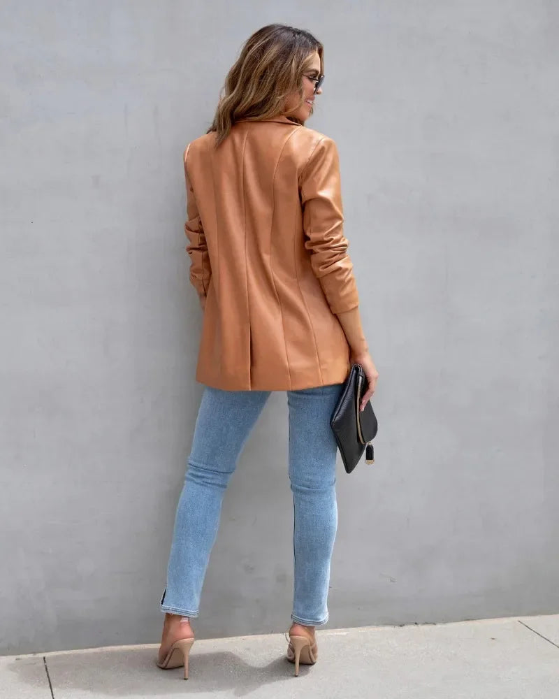 Elegant Chic Jacket Office Lady Long Sleeve Lapel Collar Single Breasted Pocket Coat Outwear 2025 Women PU Leather Suit Blazer