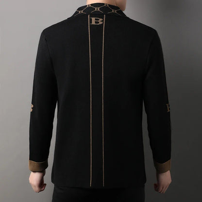 Luxury Brand Men's Autumn Winter Lapel Embroidered Sweater Coat Fashionable Business Three-dimensional Pocket Warm Knitted Jacke