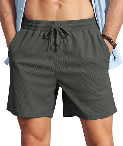 Men's Corduroy Texture Casual Shorts 6" Inseam for Summer Beach Vacation Elastic Waist Drawstring Lightweight Pockets