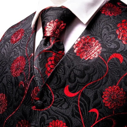 Hi-Tie Black Red Floral Mens Vest Tie Set Jacquard Waistcoat Sleeveless Jacket Necktie Hanky Cufflinks Wedding Business XXL