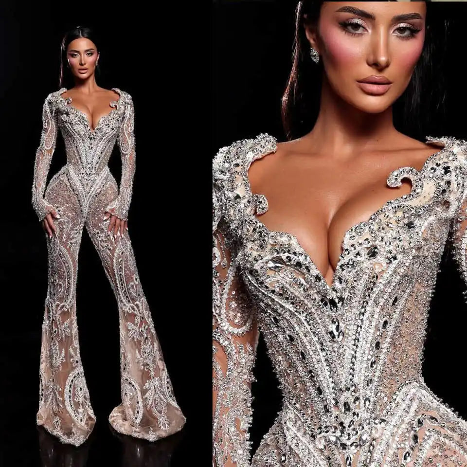 Luxurious V Neck Prom Dresses Long Sleeve Lace Crystal Evening Dress Flare Pants Jumpsuits Celebrity Party Gown