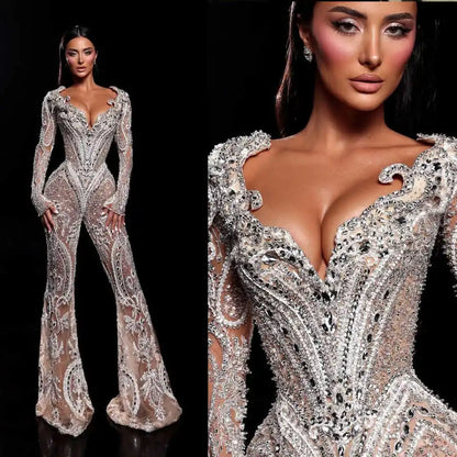 Luxurious V Neck Prom Dresses Long Sleeve Lace Crystal Evening Dress Flare Pants Jumpsuits Celebrity Party Gown