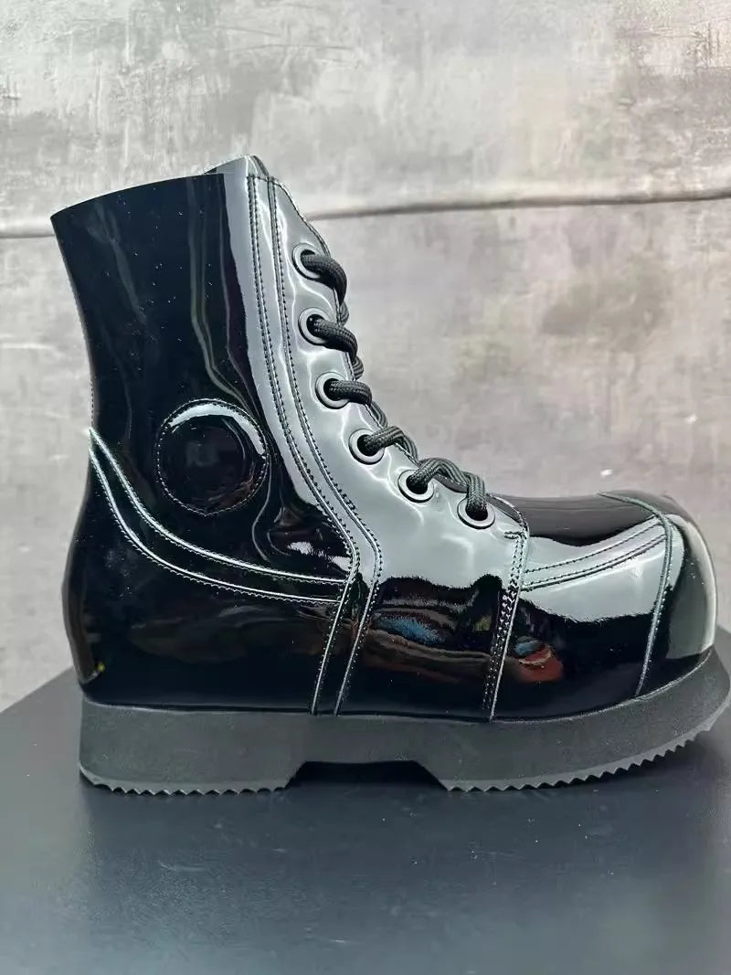 High Street Mens Round Tote High Top Cowhide Genuine Leather Ankle Boots Punk Style Stage Show Shoes Platform Work Safty Shoes