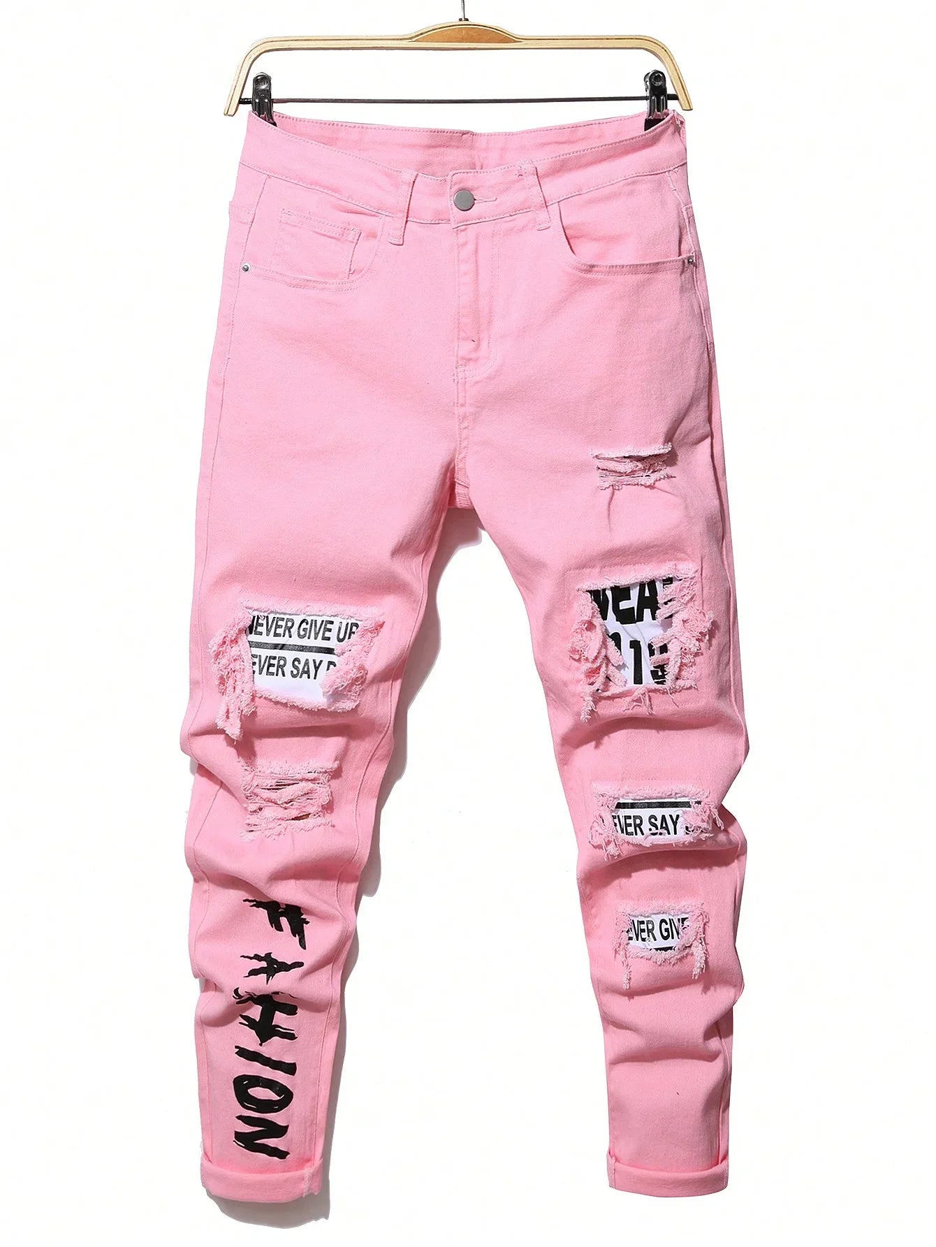 Men's Stretchy Ripped Denim Jeans Slim Fit Straight Trousers Elastic Waist Patchwork Holes Tearing Streetwear Casual Pants