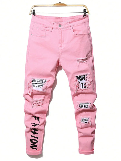 Men's Stretchy Ripped Denim Jeans Slim Fit Straight Trousers Elastic Waist Patchwork Holes Tearing Streetwear Casual Pants