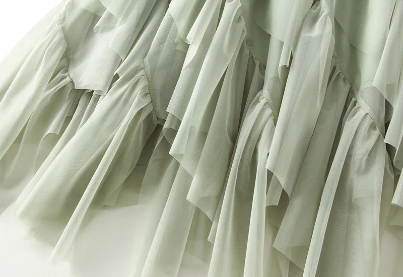 Women's Lotus Leaf Edge A Line Fairy Elastic Waist Tulle Skirt Midi High Waist Mesh Dress Solid Color Irregular Yarn Skirt D8808