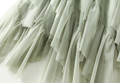 Women's Lotus Leaf Edge A Line Fairy Elastic Waist Tulle Skirt Midi High Waist Mesh Dress Solid Color Irregular Yarn Skirt D8808