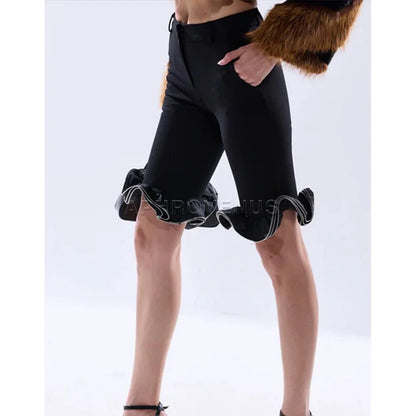 Wave Ruffle Hem Slim Denim Shorts Women Casual High Waist Slim Fit Ruffled Denim Shorts Fashion Slimming Streetwear