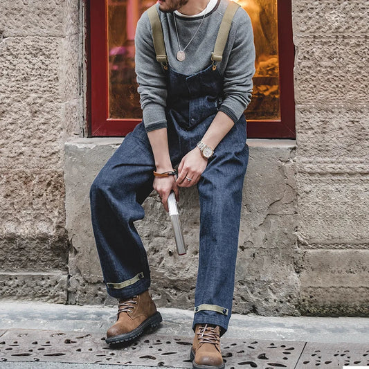 Vintage Unisex Denim Overalls Baggy Fit Navy Deck Jumpsuits Couple Cotton Wide-leg Oversize Jeans for Autumn and Winter