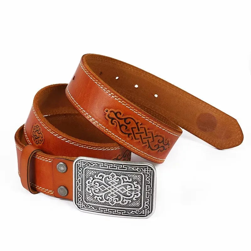 3.8cm Chinese Pattern Cowboy Smooth Buckle Men's Belt Ceinture Homme Yellow Belt Male Wide Jeans Men Genuine Leather Belt