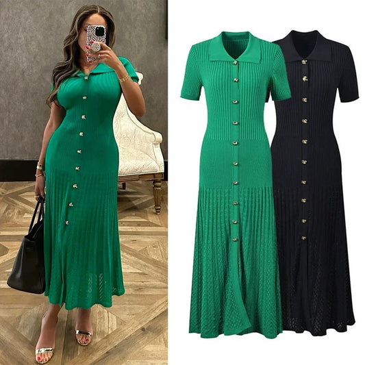 Brand Fashion Vintage Turn-down Collar Knit Maxi Dress Elegant Single-breasted A-line Long Shirt Dress Lady Vestidos