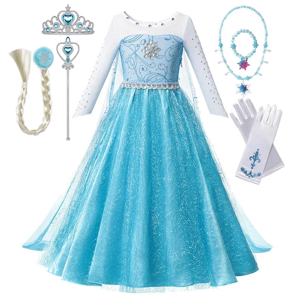Girls Snow Queen Elsa Anna Long Sleeves Costume Kids Princess Dress Halloween Cosplay Party Prom Gown Vesidos For 2-10 Years
