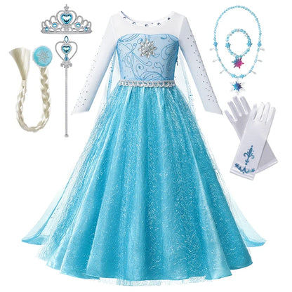 Girls Snow Queen Elsa Anna Long Sleeves Costume Kids Princess Dress Halloween Cosplay Party Prom Gown Vesidos For 2-10 Years