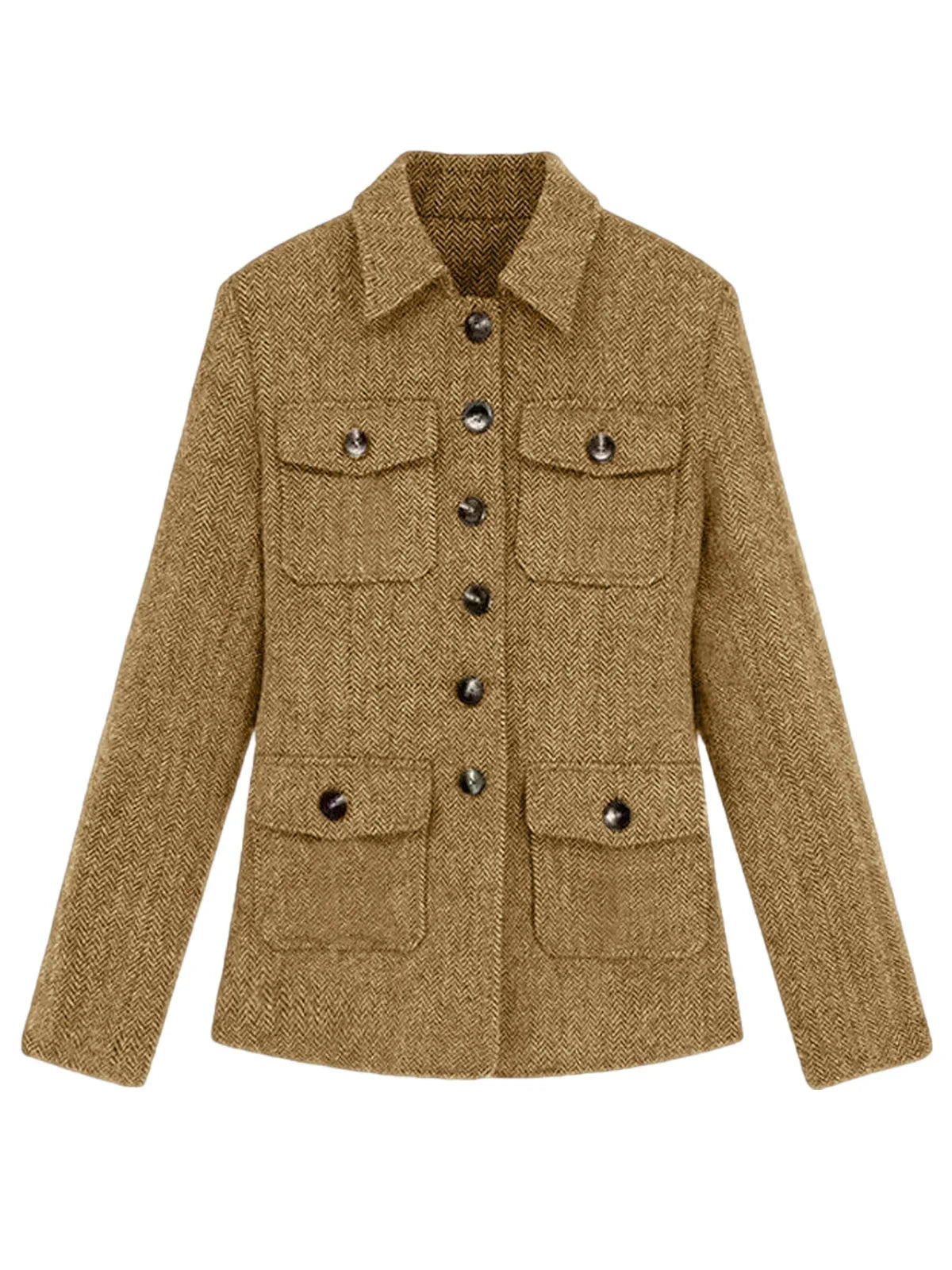 Men's Herringbone Wool Blend Blazer Jacket Notch Collar Utility Multi-Pocket Casual Overcoat For Spring Autumn
