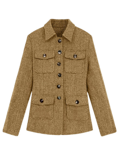 Men's Herringbone Wool Blend Blazer Jacket Notch Collar Utility Multi-Pocket Casual Overcoat For Spring Autumn