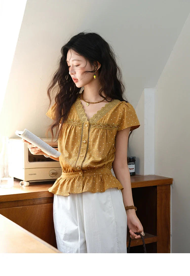 Women's V-neck Lace Splicing Blouse 2025 Summer New Ladies Fashion Polka Dot Hollow Ruffle Button Female Top MXE38X1847