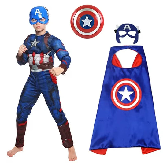 Captain America  Muscle Costume Superhero Captain America Muscle Jumpsuit Shield Cape Outfits Halloween Carnival Costumes