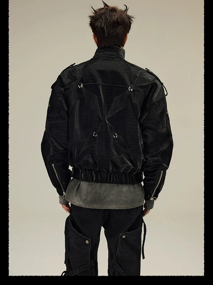 Spring Autumn Cool Short Shiny Black Crocodile Print Pu Leather Jacket Men Luxury Designer Y2K Streetwear Clothes