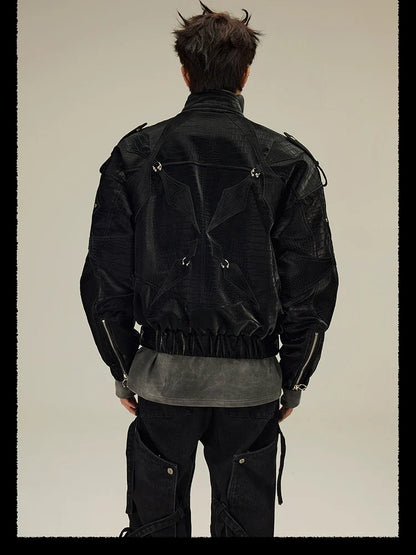 Spring Autumn Cool Short Shiny Black Crocodile Print Pu Leather Jacket Men Luxury Designer Y2K Streetwear Clothes