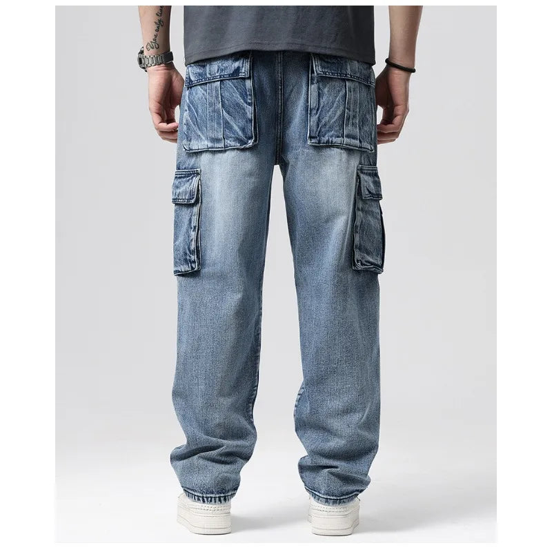 New Men's Fashion Multiple Pockets Loose Jeans Casual Denim Straight Pants Male Hip Hop Wide Leg Cargo Trousers Streetwear