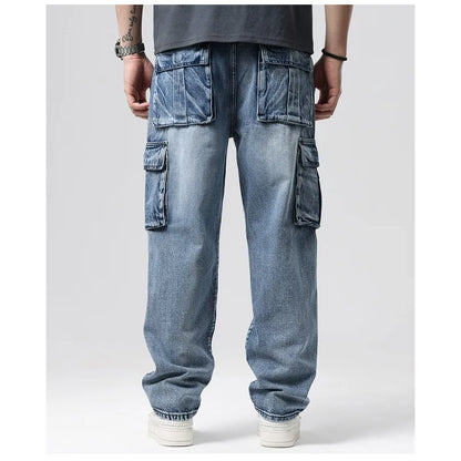 New Men's Fashion Multiple Pockets Loose Jeans Casual Denim Straight Pants Male Hip Hop Wide Leg Cargo Trousers Streetwear