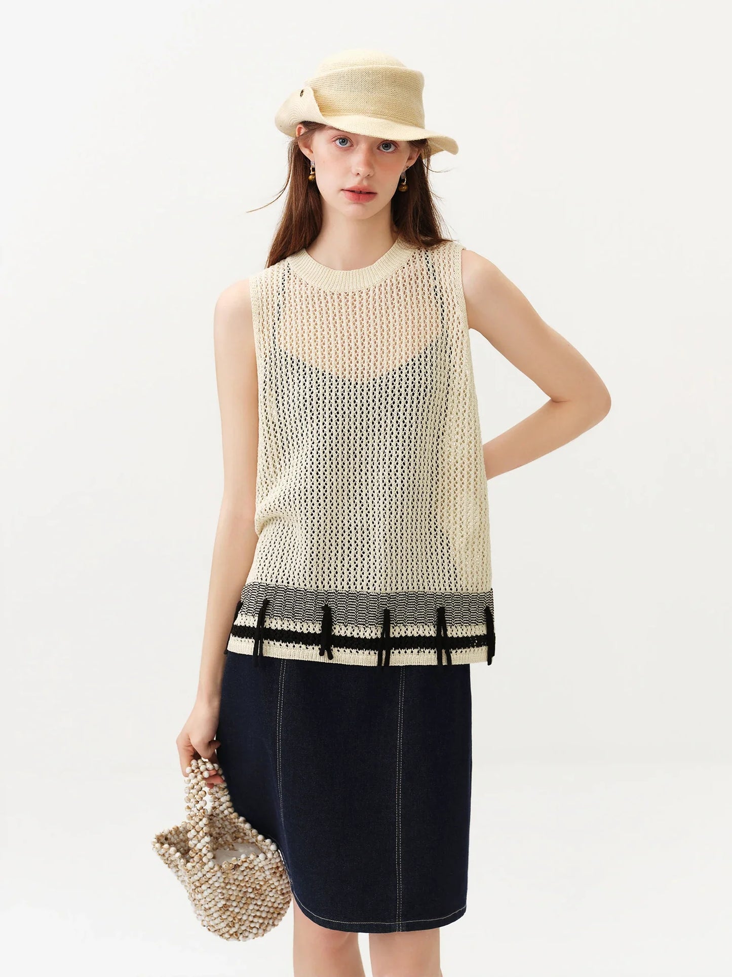 French-style Round Neck Color-blocked Vest for Commuting New Summer 2026 Style Tassel Knitwear Beach Holiday