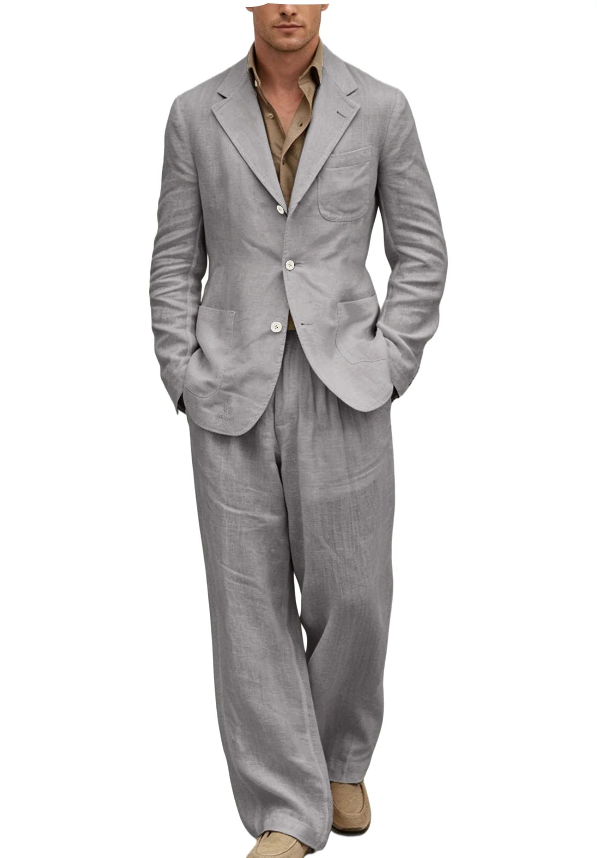 Men's Linen Suit 2 Pieces Set Casual Blazer & Wide Leg Pants Notch Lapel Breathable Wedding Business Party Jacket Tuxedo Summer