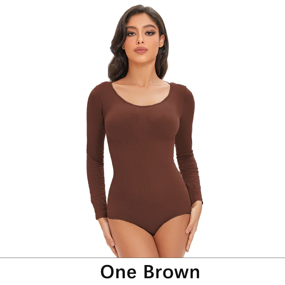 Spandex Elastic Body Suit Shapewear Women Body Shaper Tummy Control Long Sleeve Open Crotch Round Neck Seamless Shapers
