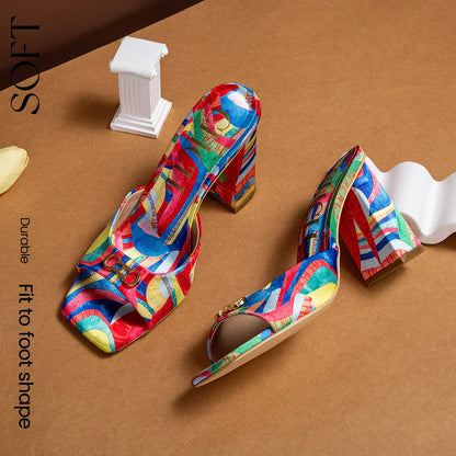 Women's Thick Heel Sandals 2024 Brand New Square Open Toe Sliding Toe Sandals