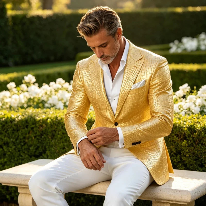 Luxury Men's Crocodile Embossed Leather Blazer Notch Lapel Suit Fit 1 Button Jacket Shiny Croc Print Formal Business Party Coat