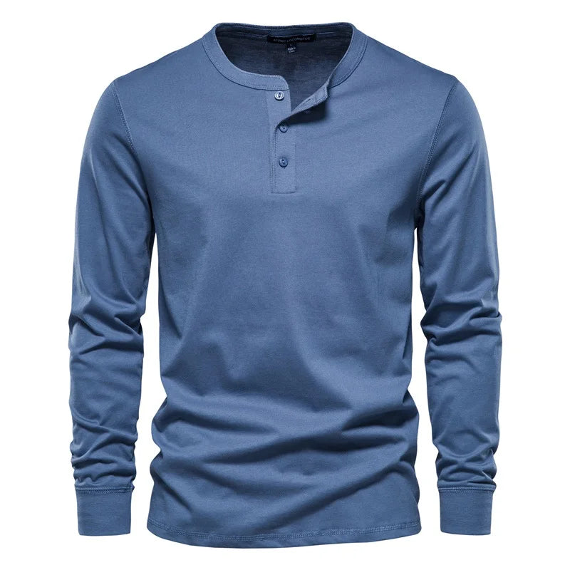 Men's Long Sleeve Button Down T-Shirts Autumn Henley Collar Casual High Quality 100% Cotton Crew Neck Mens T Shirts